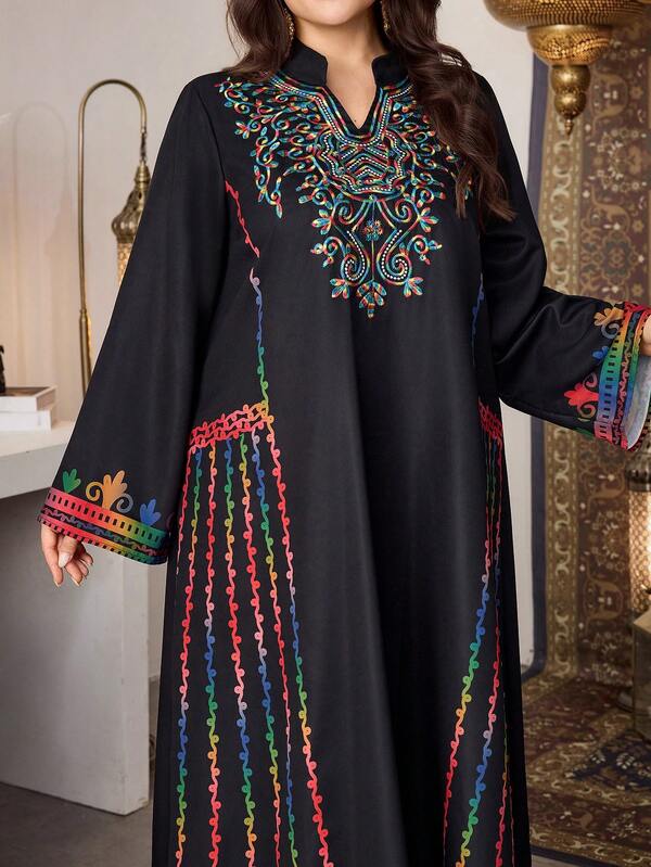 Al Najma Tunica lunga con collo alla coreana, manica lunga, stile tradizionale ricamato e stampato, comoda, alla moda ed elegante, nuovo stile turco/arabo per donna