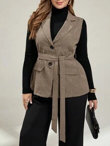 Auralis 大码女装春秋季时尚休闲宽松舒适日常卡其色西装背心外套，复古风格，适合工作、商务休闲、秋季穿搭、办公室女性着装、女士西装外套 - 駝色 - 查看 3