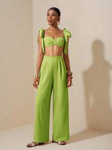 Zivah 沙滩新款春夏休闲度假蝴蝶结肩带裹胸心形领露脐上衣+阔腿超长裤杏色女式两件套，纹理面料 - 薄荷綠 - 查看 3