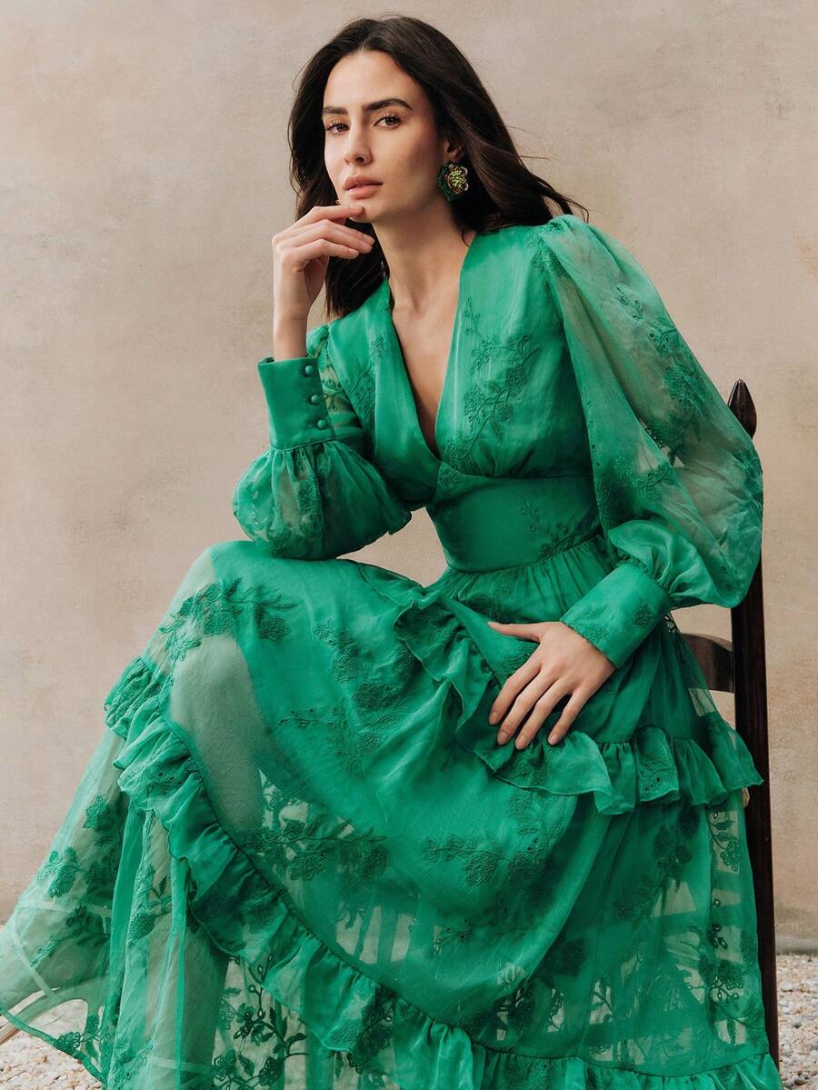 Anewsta 绿色优雅深V领刺绣泡泡袖层叠荷叶边下摆女式连衣裙 - 綠色 - 查看 1