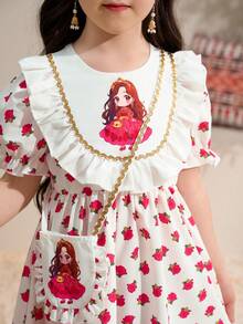 女童深绿色阿巴雅长袍，中东穆斯林女童传统服饰，碎花连衣裙，荷叶边下摆，舒适百搭，适合外出穿着，搭配手提包和金属饰边。 - 彩色 - 查看 5