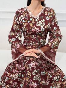 Al Najma Women's Elegant Floral Print Contrast Mesh Dress, Autumn - Burgundy - View 4