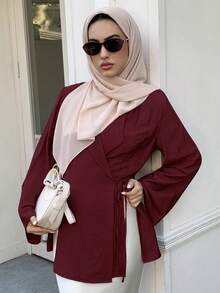 Solavon Women's Solid Color Wrap Tie Shirt, Minimalist Style For Commuting, Autumn - Burgundy - View 6