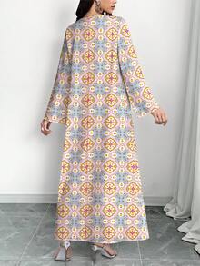 SHEIN Najma 女士优雅阿拉伯风格连衣裙，几何花卉数码印花，V领长袖，适合春秋季穿着。 - 彩色 - 查看 2