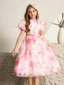White And Pink Summer Elegant Party Flower Girl Dress For Graduation,Wedding,Digital Printed Floral Pattern,Stand Collar,Puff Sleeves,Oversized Bow - Pink - View 4