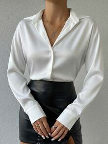 SHEIN Petite Size Women Solid Color Button Front Satin Shirt V Neck Blouse White Blouse Elegant - White - View 4