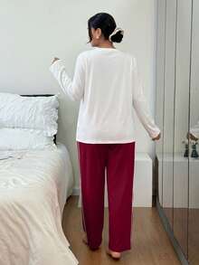 Plus Size Women Contrast Color Bow Sleepwear Set - Red - View 3