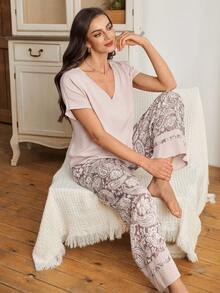 Serenescape Vacation Style Solid V-Neck Dropped Shoulder Short Sleeve Top + Cashew Print Long Pants Women Pajama Set - Multicolor - View 6