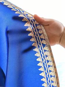 SHEIN Teen Girls' Royal Blue V-Neck Puff Sleeve A-Line Dress,Graphic Pattern Arabic Abaya Gown For Wedding,Autumn Elegant Modest Long Dresses For Girls - Royal Blue - View 7