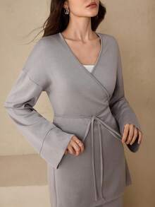 Graceveil 1pc Women's Casual Long Sleeve Fashionable Knit Thin Gray Set, Versatile For Daily Wear - Grey - View 6