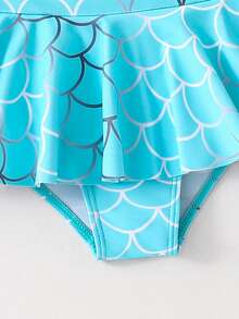 SHEIN 2pcs/Set Cute Mermaid Scale & Bow Decor Young Girl Swimsuit Set, Suitable For Beach Vacation