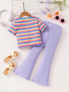 SHEIN 2件套女童针织条纹休闲T恤和打底裤套装 - 彩色 - 查看 2