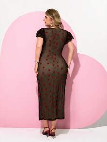 Plus Size Heart Pattern V-Neck Short Sleeve Dress, 2026 New Year, For Hourglow & Hourglass Body Shape Valentine's Day Outfit - Black - View 2