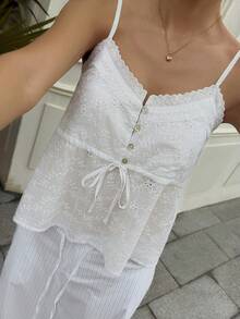 DAZY Women's Summer Vacation, Cotton Lace Patchwork Cinched Waist Camisole Top - Beige - View 4