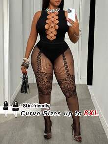 SHEIN CURVE+ Curve 尺码 US22 音乐节、海滨度假、波西米亚风女士镂空网纱透视紧身裤 - 黑色 - 查看 1