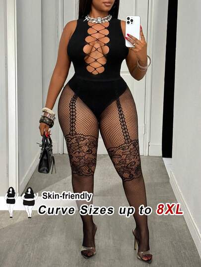SHEIN CURVE+ Plus Size Women Hollow Out Mesh Sheer Leggings Valentine's Day Outfit