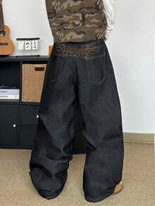 STEELVANCE Quần jeans nam phong cách đường phố cổ điển, đơn giản, thêu hình cánh chim, thiết kế độc đáo, ống đứng, ống rộng, dáng suông, thích hợp cho mùa xuân hè. - màu đen - Xem 6