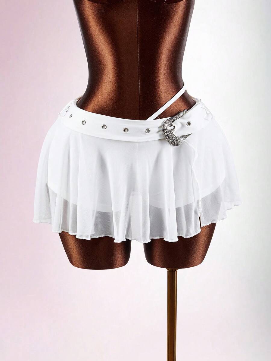 Amplova Women's Y2K Flowy Hem Sexy Avant-Garde Rhinestone Embellished Mini Skirt, Girlgroup Inspired - White - View 1