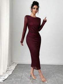 Firerie 节日新款情人节女士扎染印花粉色长袖修身优雅长裙 - 酒紅色 - 查看 5