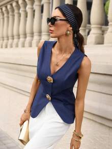 Editum 女士新款优雅V领金属纽扣收腰百搭衬衫，春夏皆宜，100%纯棉，优雅干练，时尚女式衬衫 - 灰色 - 查看 5