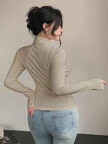 DAZY Camiseta de cuello alto ajustada con forro térmico para mujer - Albaricoque - Ver 2