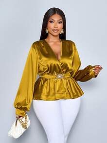 SOLERSUN 大码女装新款时尚经典金色纯色交叉深V领系带蝴蝶结长袖纽扣收腰显瘦宽松A字衬衫，后背可系带，休闲长款上衣，日常通勤百搭衬衫，适合音乐会、派对、约会、晚宴、婚礼季、日常通勤工作穿着，春季、秋季、冬季、情人节皆宜。 - 芥末黃 - 查看 3