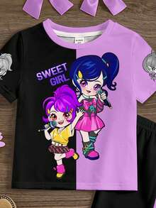 SHEIN 2pcs/Set Purple Contrast Nighttime Black, K-Pop Cartoon Girl Outing, Star Print Pattern, Young Girl Casual Minimalist Cartoon Design Round Neck Short Sleeve Top And Flare Pants Outfit, Suitable For Summer Cute Summer Outfits For Outing, Summer Kids Items, Summer Outing Items, Korean Style, Homecoming, Easy Comfort, Stylish Kids, Spring & Summer Outfits For Outing, Casual Wear, Baby & Kids Graphic Tops, Summer New Style, Spring & Summer Fashion