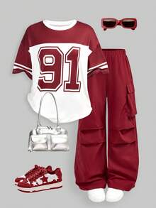两件套休闲街头风数字印花T恤+工装裤，适合青少年，舒适贴身，活动自如，时尚街头元素，适合上学、通勤、周末郊游、春季日常穿着。 - 紅色 - 查看 16