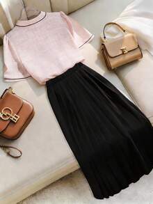 Seusyu Plus Size Solid Color Short Sleeve Pleated A-Line Long Skirt 2 Pieces Set For Women - Multicolor - View 2