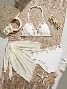 SHEIN 3件套少女黑色泳衣套装，适合海滩度假派对、春夏穿着 - 杏色 - 查看 1