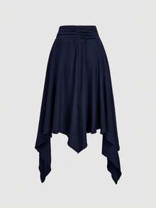 SHEIN MOD Asymmetric Hem Beaded Solid Color Skirt - Navy Blue - View 2