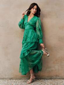 Anewsta 绿色优雅深V领刺绣泡泡袖层叠荷叶边下摆女式连衣裙 - 綠色 - 查看 6