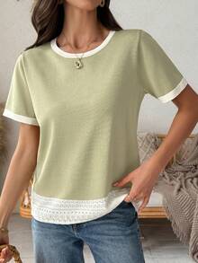 Vivie Lora Women's Round Neck Loose Lace Patchwork Contrast Color Knit Sweater Top - Green - View 1