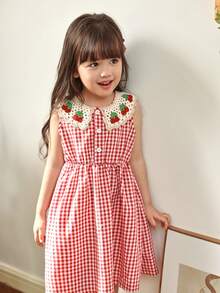 Genkimix Kids 1pc Young Girl Cherry Crochet Peter Pan Collared A-Line Gingham Cotton Dress, Cherry Dress For Little Girl - Black - View 6