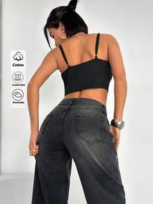 SHEIN Cottnline Low Waist Washed Blue Loose Straight Leg Denim Women Jean - Black - View 3