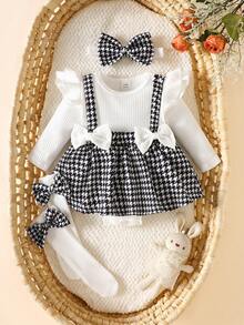 SHEIN Neugeborenen Kinder Baby beige Pit gestreifter karierter Langarm-Bodysuit kombiniert mit Stirnband und Socken in der gleichen Farbe. Herbst- und Winterkollektion, neues Material, bequemer Stil, elegant und süß - Weiss - Übersicht 1