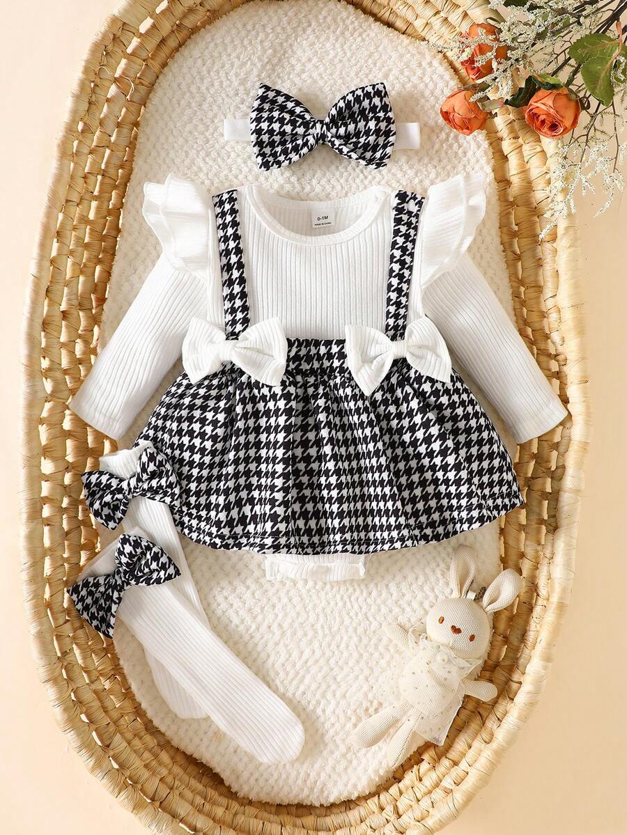 SHEIN Neugeborenen Kinder Baby beige Pit gestreifter karierter Langarm-Bodysuit kombiniert mit Stirnband und Socken in der gleichen Farbe. Herbst- und Winterkollektion, neues Material, bequemer Stil, elegant und süß - Weiss - Übersicht 1