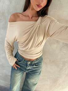 Aloruh Women's Solid Color Asymmetric Neck Ruched Drop Shoulder Long Sleeve Fashion T-Shirt - Apricot - View 2