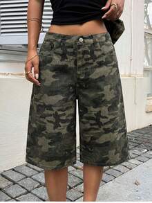 少女迷彩牛仔宽松百慕大短裤 - 軍綠色 - 查看 1