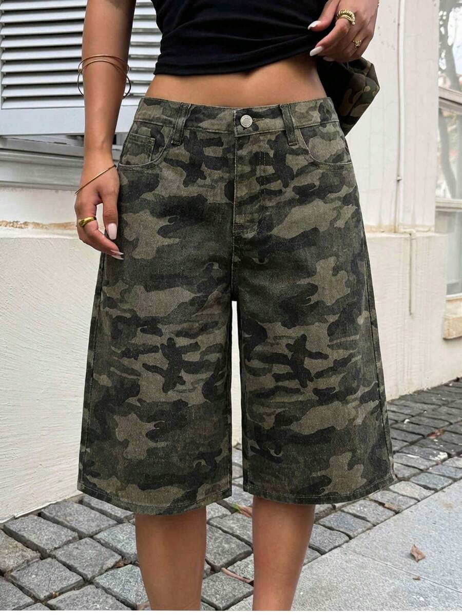 少女迷彩牛仔宽松百慕大短裤 - 軍綠色 - 查看 1