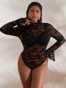 SHEIN BAE Áo liền thân gợi cảm cổ đứng ren xuyên thấu cỡ lớn dành cho người có thân hình đầy đặn - màu đen - Xem 6