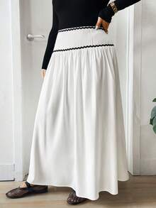 Lounesse Plus Size Women's Black And White Elegant Autumn Tea Party Contrast Design Ruffle Hem Long Skirt,Elastic Waist Boho Slip Skirt For Casual Vacation - Black and White - View 3