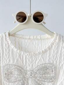 SHEIN 少女白色春夏休闲优雅宽松落肩圆领提花纹理蝴蝶结装饰T恤