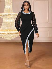 SHEIN Lady Women's Elegant Knitted Long Sleeve Black Dress - Black - View 5