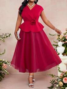 Fleurora Red Spring Elegant Formal Party Women Plus Size 3D Rose Contrast Mesh Batwing Sleeve Midi Dress,Wedding Guest Birthday Valentine's Day Church Outfits - Red - View 1