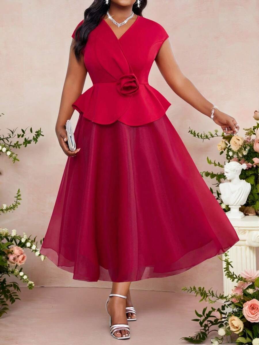Fleurora Red Spring Elegant Formal Party Women Plus Size 3D Rose Contrast Mesh Batwing Sleeve Midi Dress,Wedding Guest Birthday Valentine's Day Church Outfits - Red - View 1