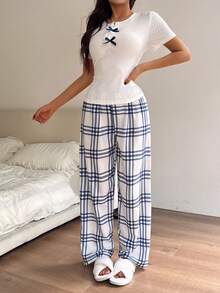 Dream Adore 女士泡泡纹理格纹印花睡衣套装 - 罗纹上衣和裤子 - 白色 - 查看 6