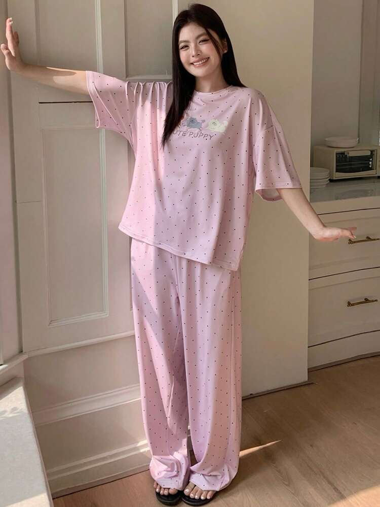 Dazy Plus Plus Size Women Polka Dot Cartoon Animal Print Loose Fit Top And Straight Leg Pants Pajama Set, Spring/Summer