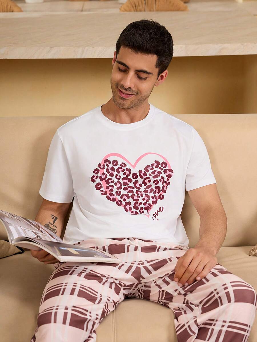 Velminro 男士休闲爱心印花圆领短袖家居服上衣 - 白色 - 查看 1