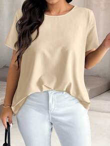 Elenzga Plus Size Solid Color Asymmetric Hem Round Neck Short Sleeve Shirt - Khaki - View 2